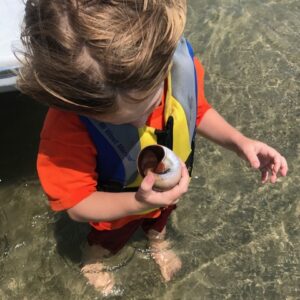 a child curiously looking at a shell that he found